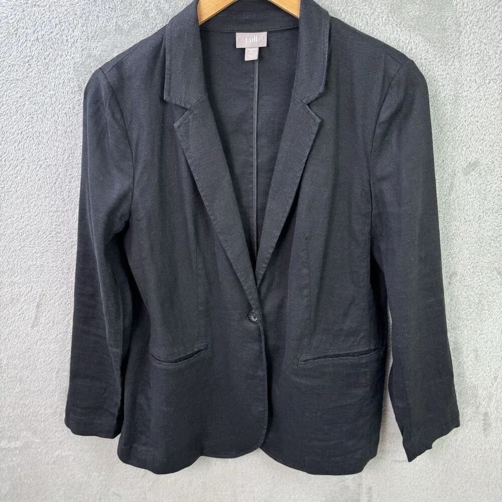 J. Jill Linen Blend Black Blazer Women's PS One Button Relaxed Stretch Pockets
